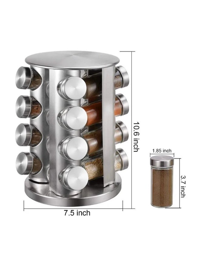 Stainless Steel Rotating Spice Rack – 16 Glass Jars with Labeled Metal Lids – 360° Rotating Design for Easy Access and Modern Kitchen Organization - Image 2