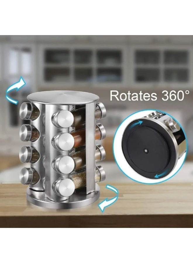 Stainless Steel Rotating Spice Rack – 16 Glass Jars with Labeled Metal Lids – 360° Rotating Design for Easy Access and Modern Kitchen Organization - Image 5