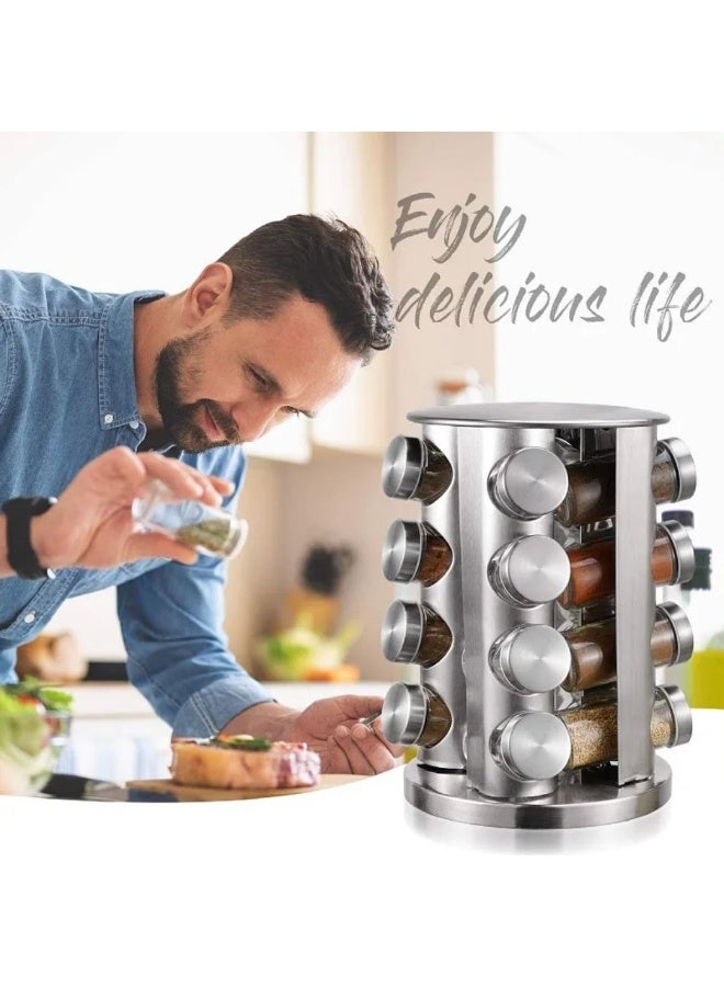 Stainless Steel Rotating Spice Rack – 16 Glass Jars with Labeled Metal Lids – 360° Rotating Design for Easy Access and Modern Kitchen Organization - Image 3