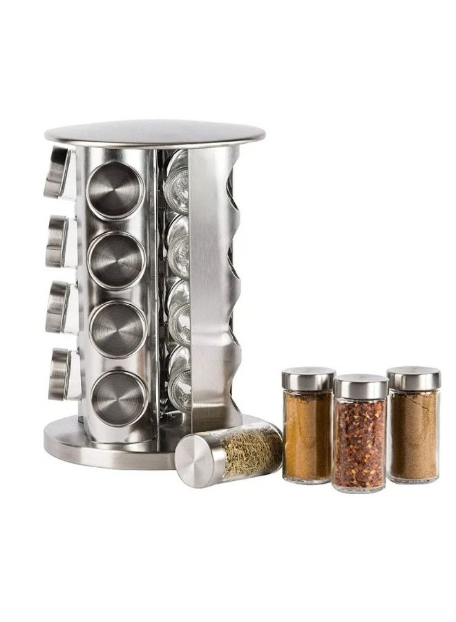 Stainless Steel Rotating Spice Rack – 16 Glass Jars with Labeled Metal Lids – 360° Rotating Design for Easy Access and Modern Kitchen Organization - Image 4