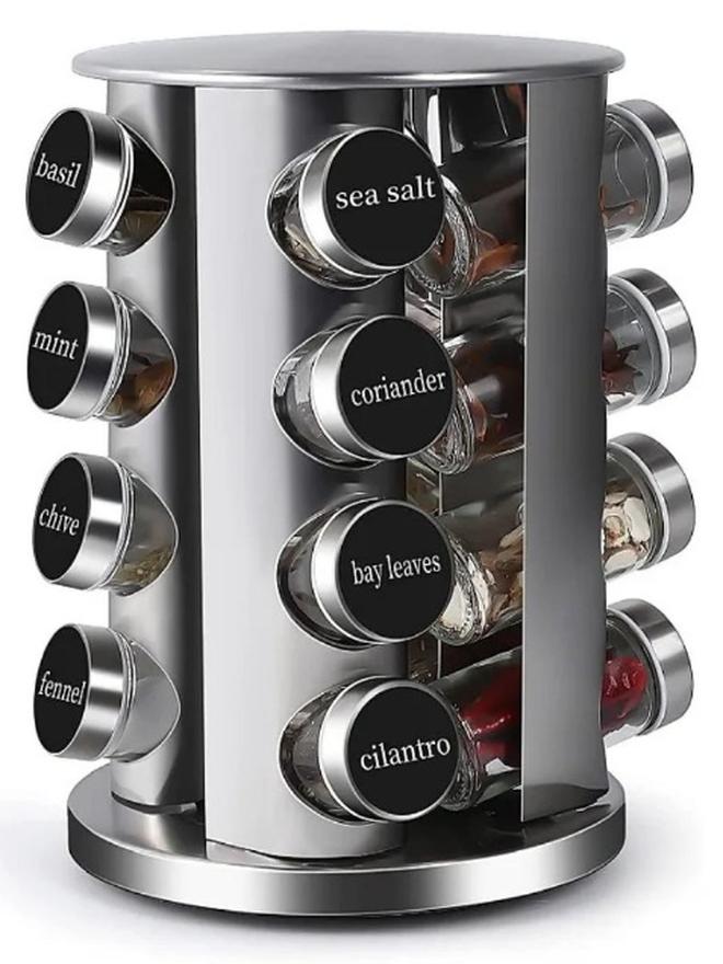 Stainless Steel Rotating Spice Rack – 16 Glass Jars with Labeled Metal Lids – 360° Rotating Design for Easy Access and Modern Kitchen Organization - Image 1