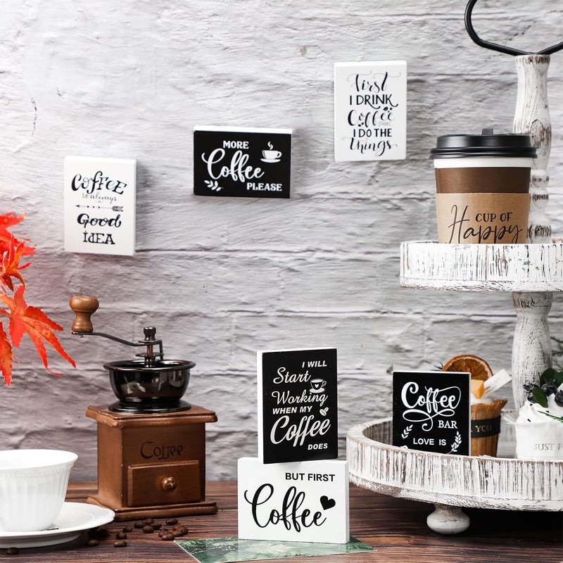 Woanger 6 Pcs Mini Coffee Bar Sign Wooden Farmhouse Coffee Bar Decor But First Sign Small Table Vintage Kitchen Wood Plaque for Tiered Tray Decor Home Decorations 35 x 25 in - Image 5