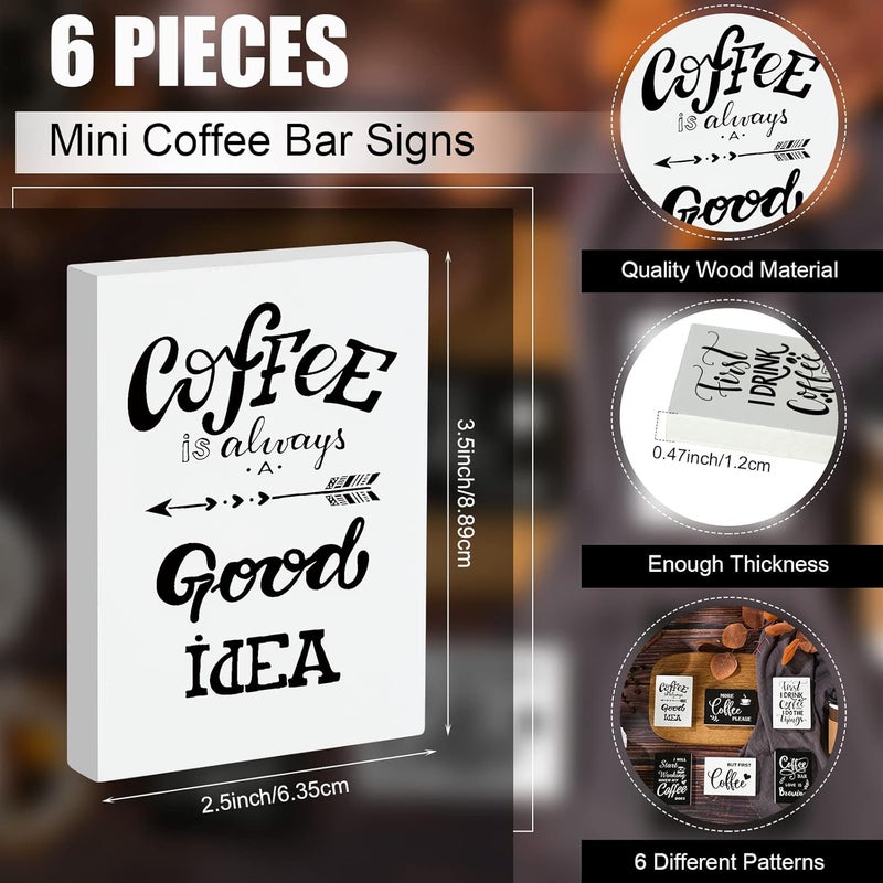 Woanger 6 Pcs Mini Coffee Bar Sign Wooden Farmhouse Coffee Bar Decor But First Sign Small Table Vintage Kitchen Wood Plaque for Tiered Tray Decor Home Decorations 35 x 25 in - Image 2