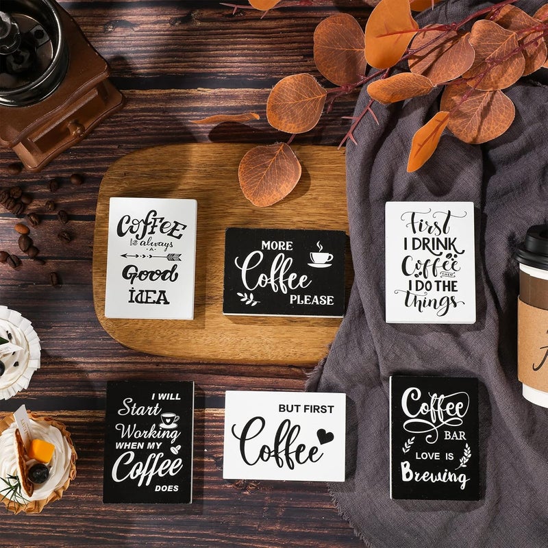 Woanger 6 Pcs Mini Coffee Bar Sign Wooden Farmhouse Coffee Bar Decor But First Sign Small Table Vintage Kitchen Wood Plaque for Tiered Tray Decor Home Decorations 35 x 25 in - Image 3