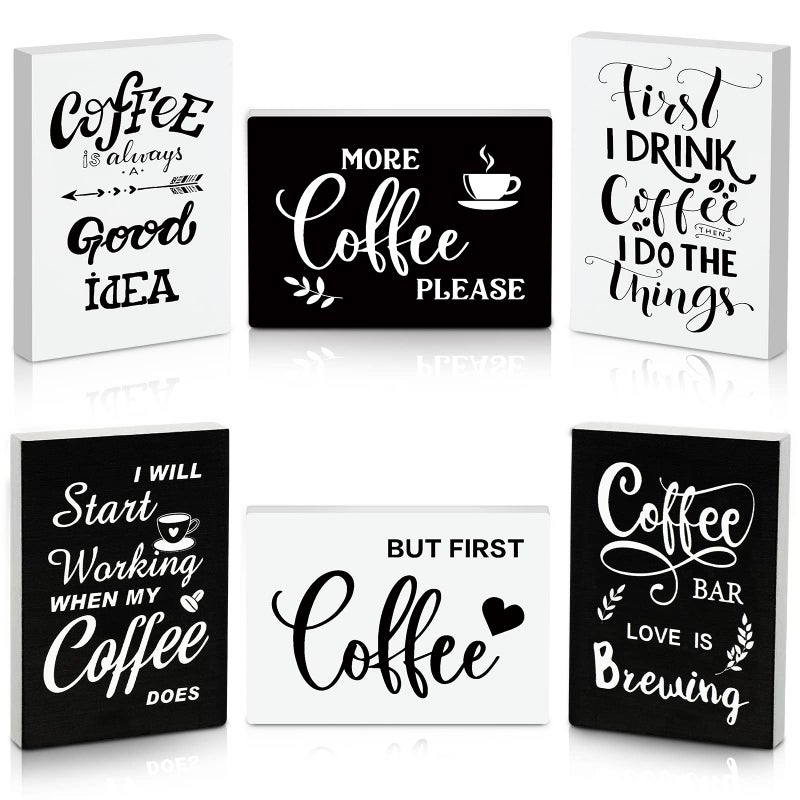 Woanger 6 Pcs Mini Coffee Bar Sign Wooden Farmhouse Coffee Bar Decor But First Sign Small Table Vintage Kitchen Wood Plaque for Tiered Tray Decor Home Decorations 35 x 25 in - Image 1