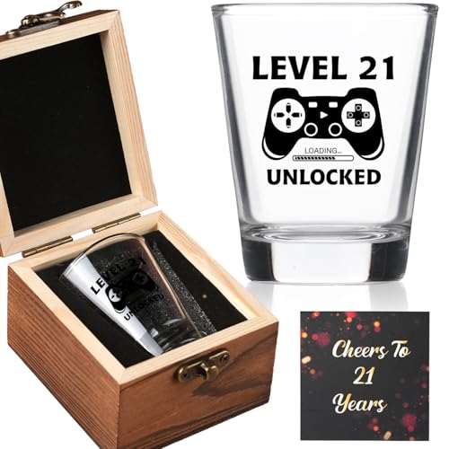 Ithmahco 21st Birthday Gifts for Him Her - Level 21 Unlocked - Birthday Shot Glass with Wooden Box - Cheers To 21 Years Old, Finally 21st Party Decoration - Turning 21 Bday Gift for Men Brother Friend - Image 1