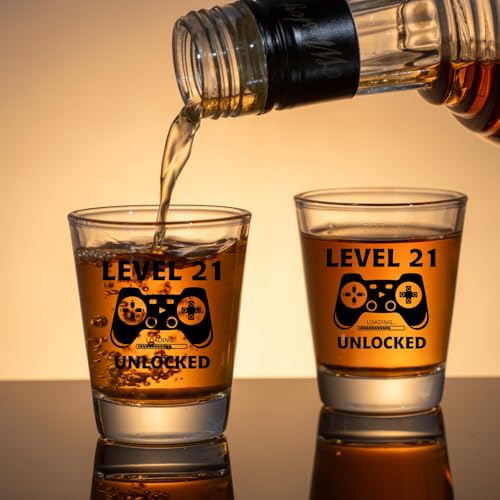 Ithmahco 21st Birthday Gifts for Him Her - Level 21 Unlocked - Birthday Shot Glass with Wooden Box - Cheers To 21 Years Old, Finally 21st Party Decoration - Turning 21 Bday Gift for Men Brother Friend - Image 2