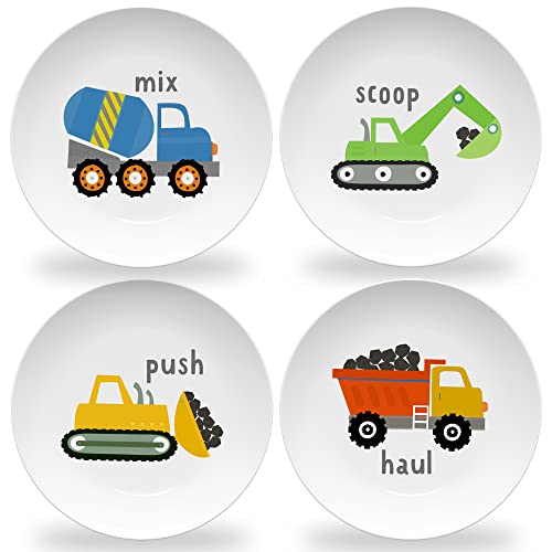 Tiny Expressions - Construction Plates for Toddlers - Set of 4 Melamine Plates for Kids - Excavator, Cement Mixer, Bulldozer, and Dump Truck - Fun Plastic Dinnerware for Kids - Image 1