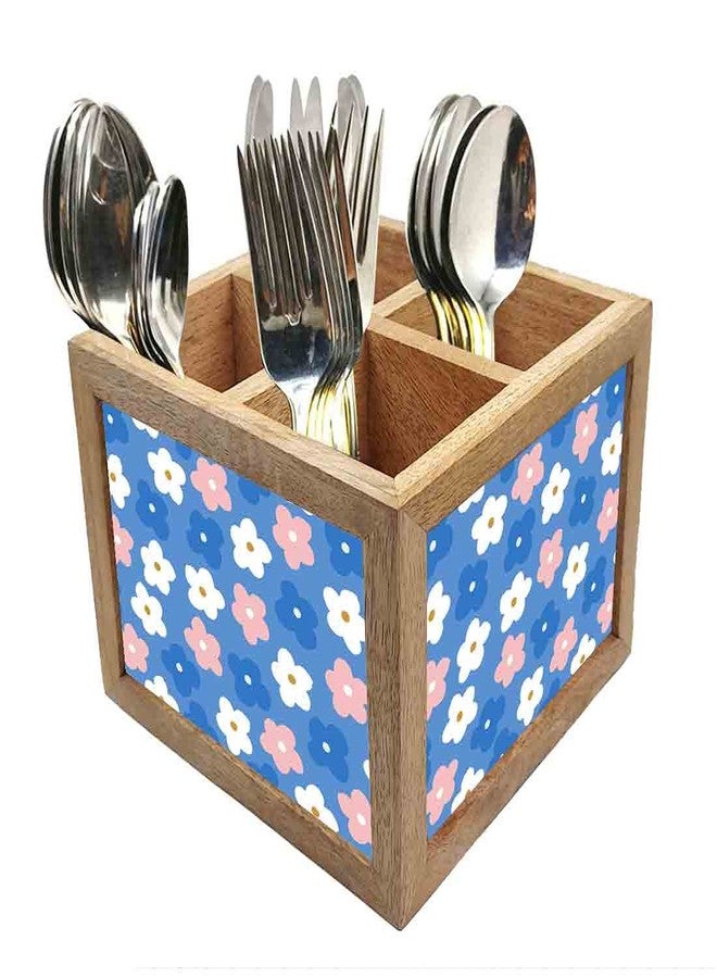 Nutcase Wooden Cutlery Stand Holder Silverware Caddy Spoons Forks Knives Organizer for Dining Table & Kitchen -Made in India-Spoons NOT Included - Pastels Spring Flowers - Image 1