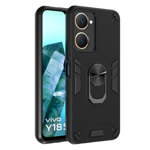 Casotec Armor Defender Case | Rotating Ring Holder & Kickstand in-Built | Military Grade Armor | 360 Degree Protection Back Cover for Vivo T3 Lite 5G/Y18/Y18e/Y28s 5G/Y28e 5G/Y03 4G/Z9 Lite 5G (Black) - Image 1