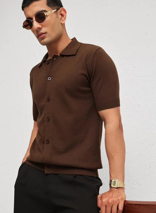 ساسافراس Men Brown Front Button Knitted Polo Shirt