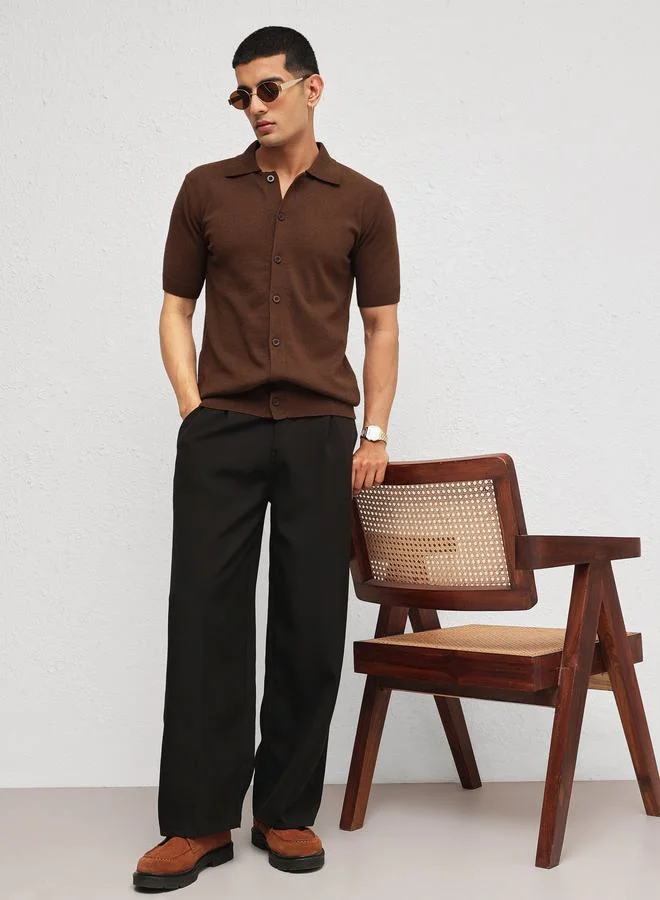 ساسافراس Men Brown Front Button Knitted Polo Shirt