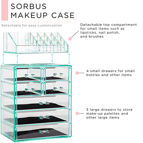 Sorbus Acrylic Makeup Organizer Set 7Drawer Vanity Countertop Cosmetic Storage with Small Wide Compartments Teal Thrill Makeup Storage for Brushes Jewelry Holiday Gift for Women Teens - Image 3