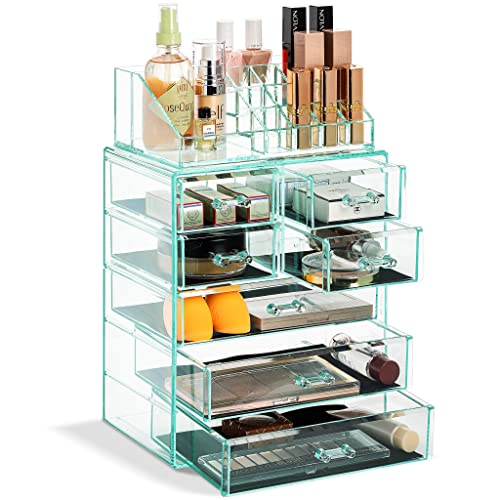 Sorbus Acrylic Makeup Organizer Set 7Drawer Vanity Countertop Cosmetic Storage with Small Wide Compartments Teal Thrill Makeup Storage for Brushes Jewelry Holiday Gift for Women Teens - Image 1