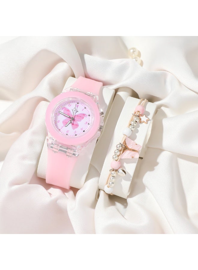 KUYING Luminous Silicone Quartz Watch+Rabbit Bead Bracelet Set