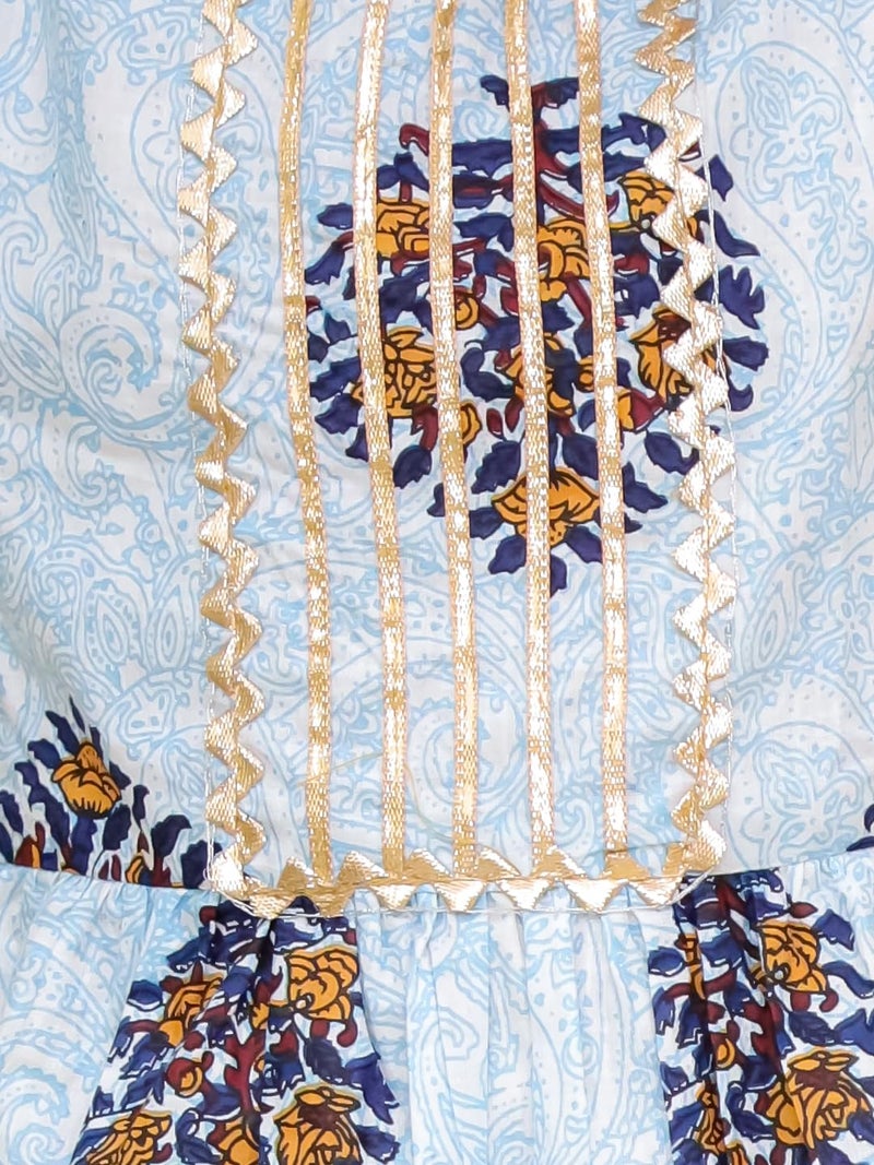 superminis Cotton Baby Girls Jaipuri Print Frock Style Floral Kurta Set With Frill Sleeves And Dhoti Style Salwar With Elastic Closure Ethnic Dress (Blue, 4-5 Years) - Image 4