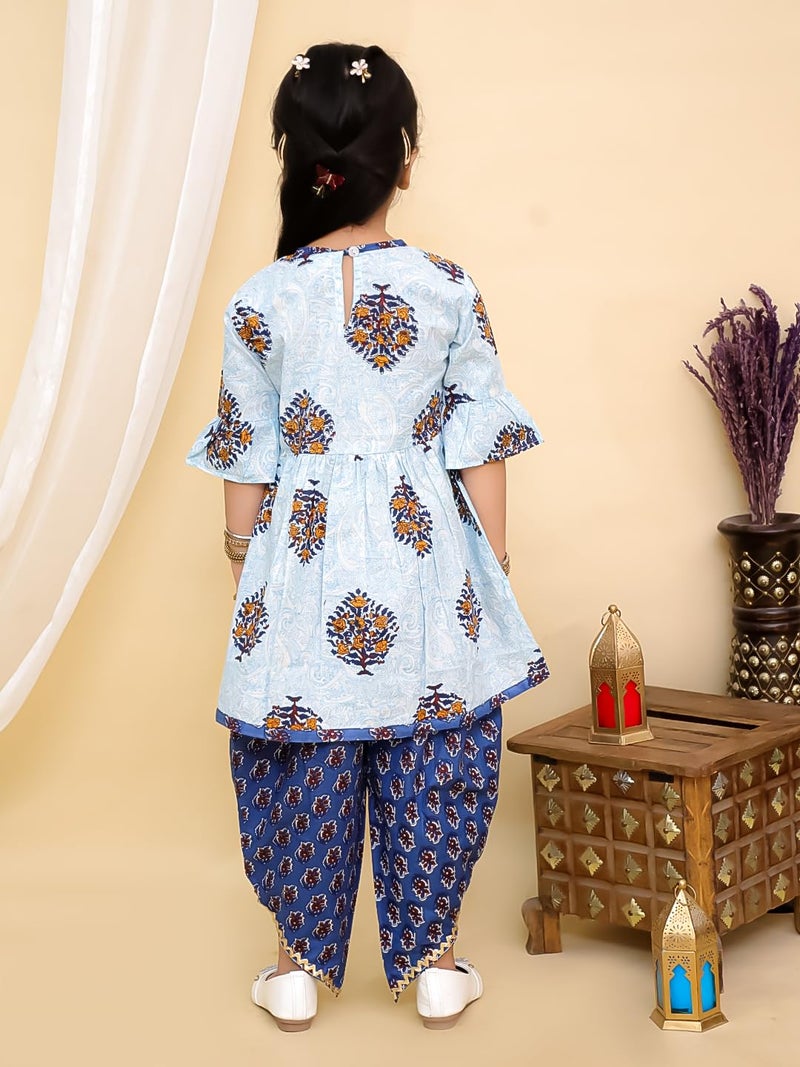 superminis Cotton Baby Girls Jaipuri Print Frock Style Floral Kurta Set With Frill Sleeves And Dhoti Style Salwar With Elastic Closure Ethnic Dress (Blue, 4-5 Years) - Image 5