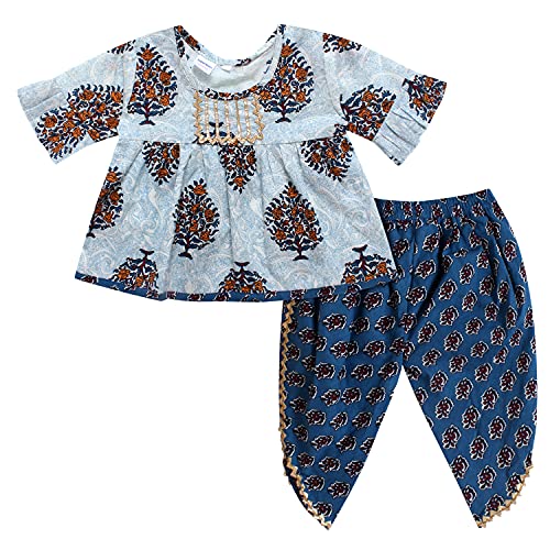 superminis Cotton Baby Girls Jaipuri Print Frock Style Floral Kurta Set With Frill Sleeves And Dhoti Style Salwar With Elastic Closure Ethnic Dress (Blue, 4-5 Years) - Image 1