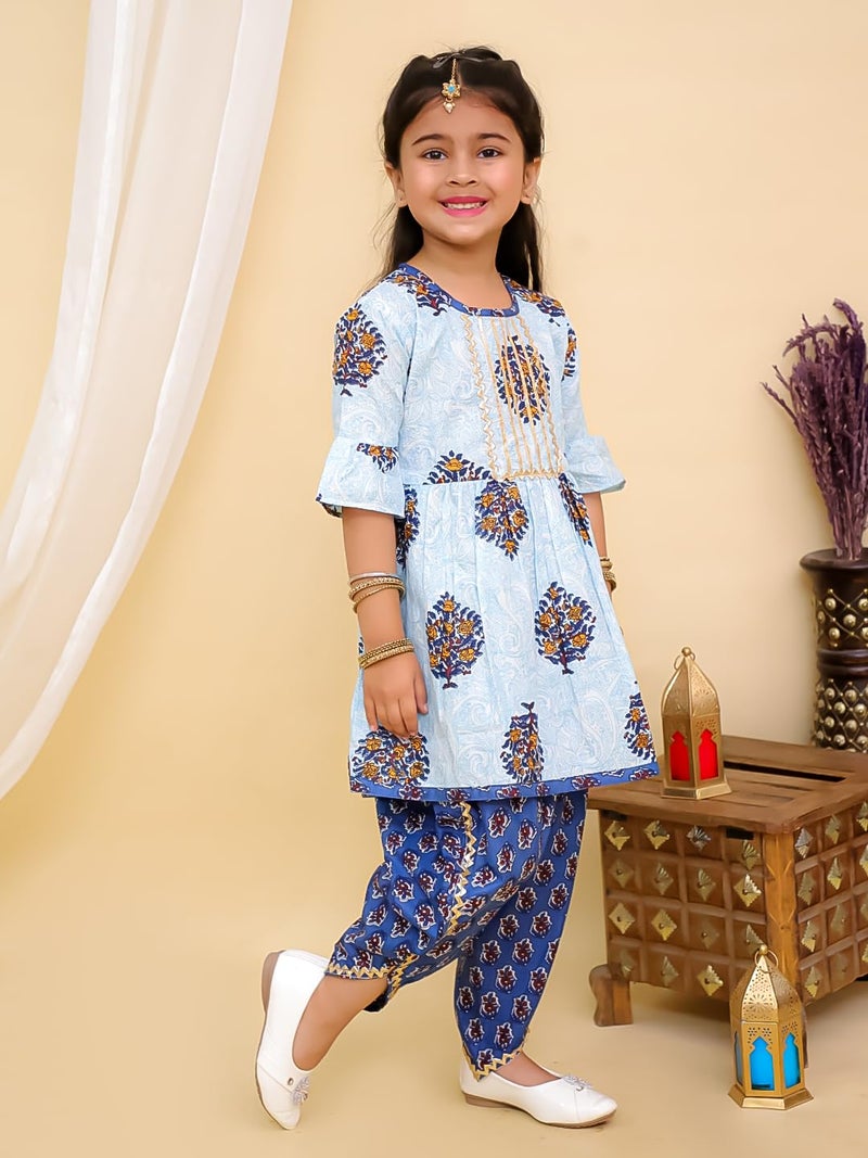 superminis Cotton Baby Girls Jaipuri Print Frock Style Floral Kurta Set With Frill Sleeves And Dhoti Style Salwar With Elastic Closure Ethnic Dress (Blue, 4-5 Years) - Image 3