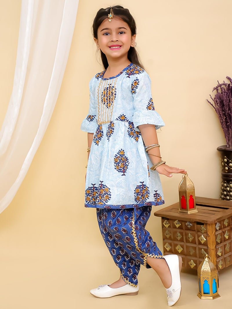superminis Cotton Baby Girls Jaipuri Print Frock Style Floral Kurta Set With Frill Sleeves And Dhoti Style Salwar With Elastic Closure Ethnic Dress (Blue, 4-5 Years) - Image 2
