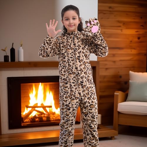 Wizland Fleece Leopard Costume for Kids One Piece Cheetah Costume Cat Onesie Cheetah Onesie Kids 6-8 - Image 3