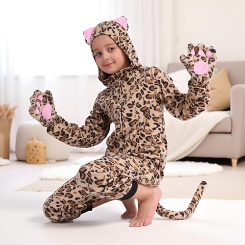 Wizland Fleece Leopard Costume for Kids One Piece Cheetah Costume Cat Onesie Cheetah Onesie Kids 6-8 - Image 2
