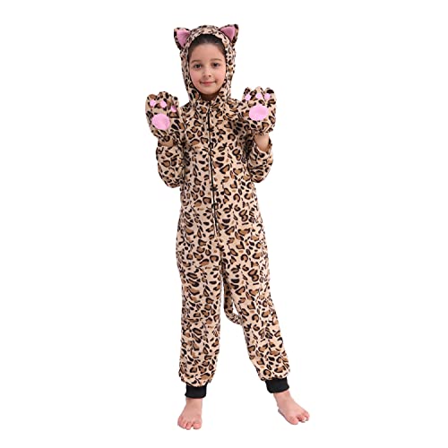 Wizland Fleece Leopard Costume for Kids One Piece Cheetah Costume Cat Onesie Cheetah Onesie Kids 6-8 - Image 1