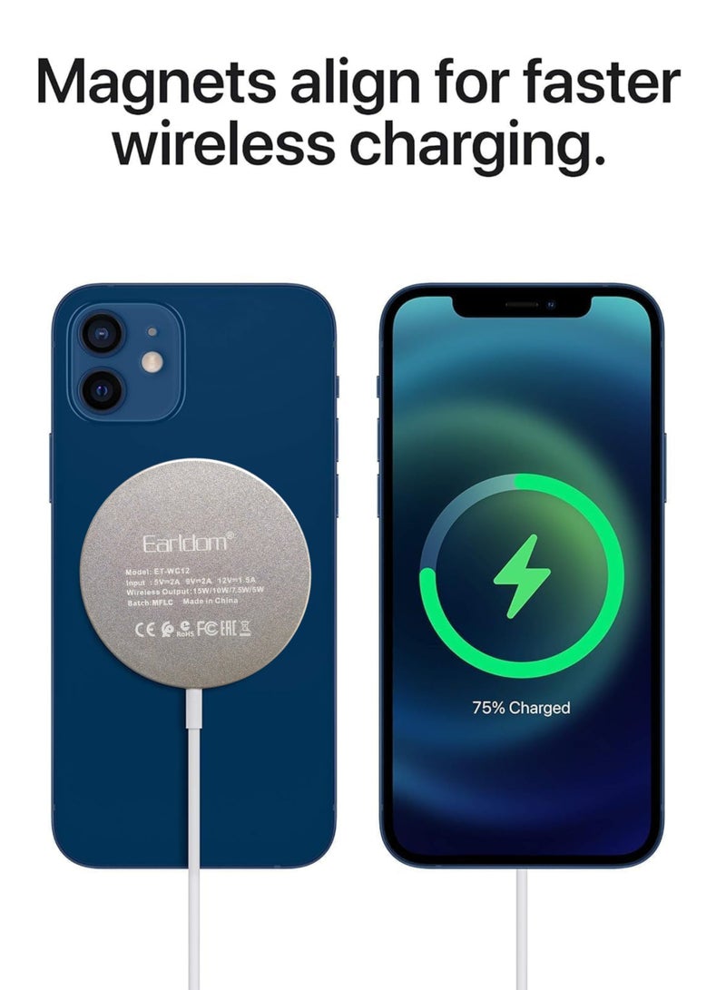 Earldom 15W MFi Certified MagSafe Wireless Charger | Fast Magnetic Charging Pad with Type-C PD Cable | Compatible with iPhone 12/13/14/15 Series | Magnetic Snap-On | Qi-Certified | Slim & Portable - Image 2