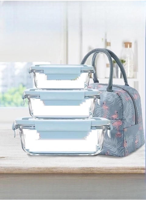 3 Piece Microwave Heating High Lunch Box Glass Bowls 1090ml/700ml/410ml with Insulation Bag Borosilicate Glass Clear ‎23 x 15 x 5 cm