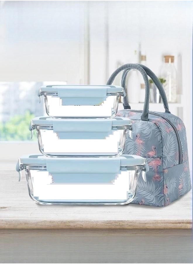 XiuWoo 3 Piece Microwave Heating High Lunch Box Glass Bowls 1090ml/700ml/410ml with Insulation Bag Borosilicate Glass Clear ‎23 x 15 x 5 cm  - Image 1