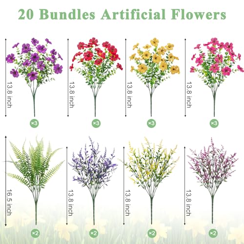 Bassion 20 Bundles Artificial Flowers for Outdoors, UV Resistant Silk Fake Flowers with Lavender and Ferns Faux Shrubs Plants for Outdoor Planters Window Box Porch Garden Home Decorations - Image 2
