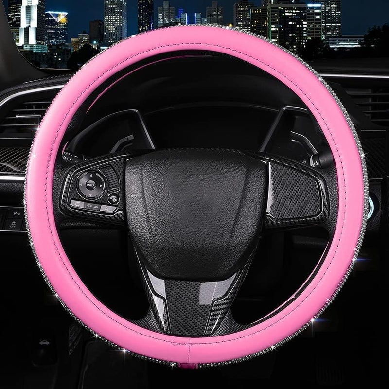 XIANGDING Bling Diamond Leather Steering Wheel Cover for Women Girls with Crystal Rhinestones, Universal Fit 14.5-15 Inch Car Steering Wheel Cover Accessories - Image 3