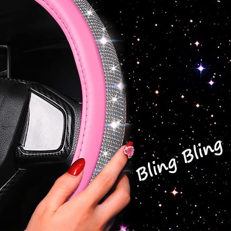 XIANGDING Bling Diamond Leather Steering Wheel Cover for Women Girls with Crystal Rhinestones, Universal Fit 14.5-15 Inch Car Steering Wheel Cover Accessories - Image 4