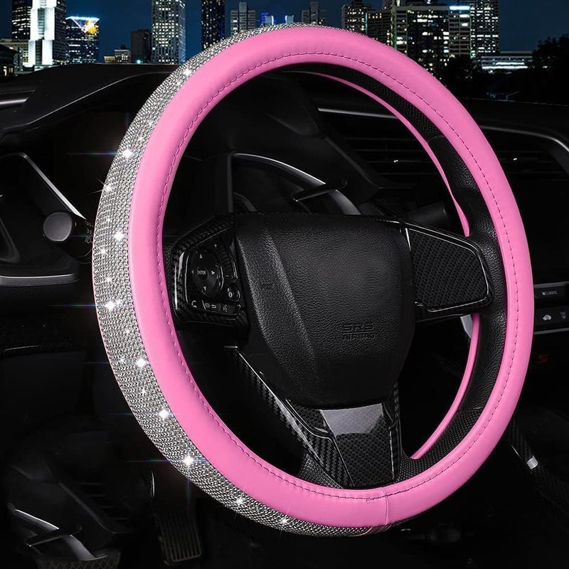 XIANGDING Bling Diamond Leather Steering Wheel Cover for Women Girls with Crystal Rhinestones, Universal Fit 14.5-15 Inch Car Steering Wheel Cover Accessories - Image 1
