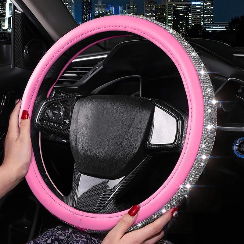 XIANGDING Bling Diamond Leather Steering Wheel Cover for Women Girls with Crystal Rhinestones, Universal Fit 14.5-15 Inch Car Steering Wheel Cover Accessories - Image 2