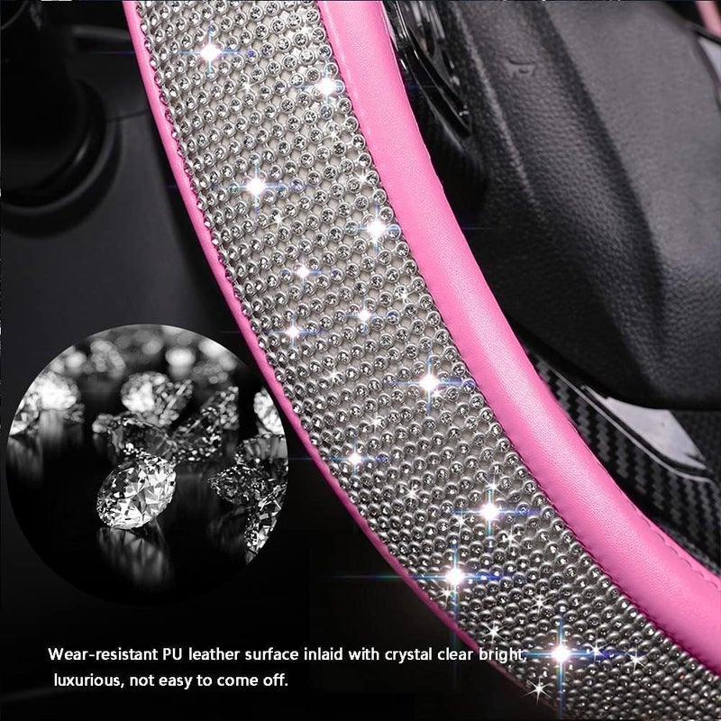 XIANGDING Bling Diamond Leather Steering Wheel Cover for Women Girls with Crystal Rhinestones, Universal Fit 14.5-15 Inch Car Steering Wheel Cover Accessories - Image 5