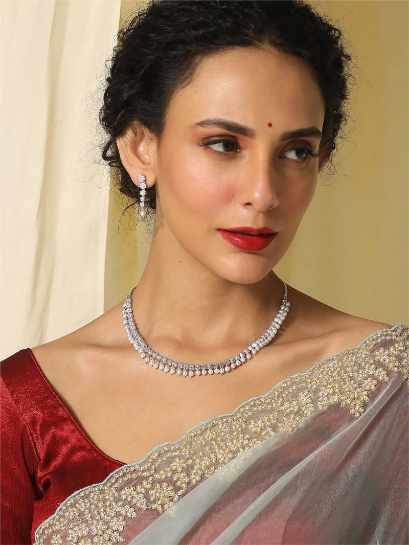 TARINIKA Green and White Cubic Zirconia(CZ) Indian Necklace Set with Earrings, Gold Plated Brass Fashion Indian Jewelry Gift for Women Bollywood Costume Jewellery (Stunning Delicate CZ) - Image 2