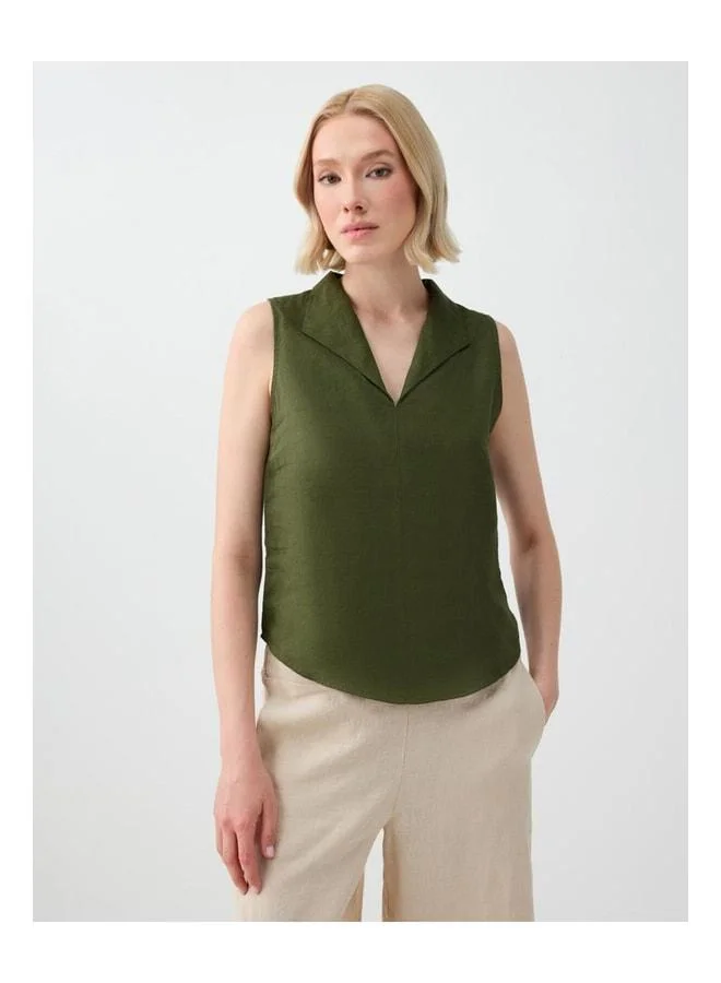 Jimmy Key Khaki 100% Linen Shawl-Collar Sleeveless Blouse.