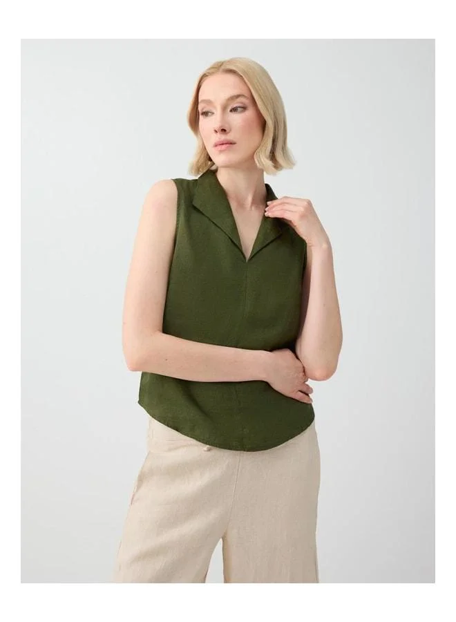Jimmy Key Khaki 100% Linen Shawl-Collar Sleeveless Blouse.