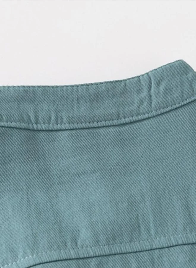 YUNIQEE Blue Mandarin Collar Short Sleeve Solid Shirt