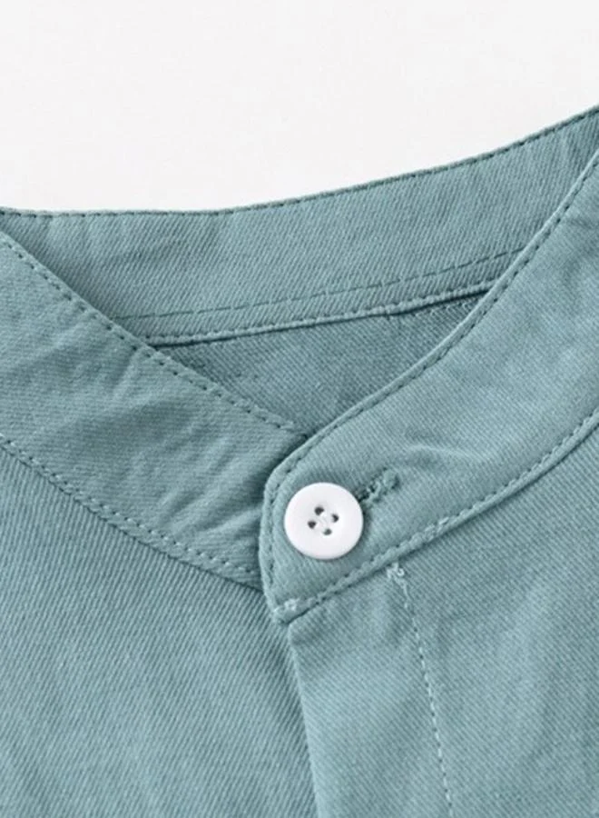 YUNIQEE Blue Mandarin Collar Short Sleeve Solid Shirt