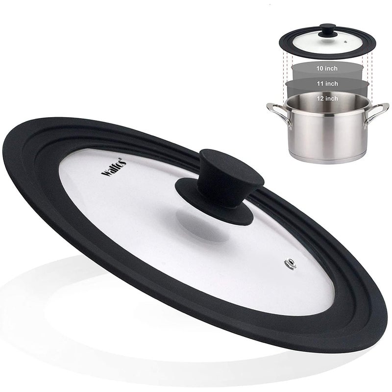 Universal Lid for Pots Pans and Skillets  Tempered Glass with Heat Resistant Silicone Rim Fits 10 11 and 12 Diameter Cookware Round