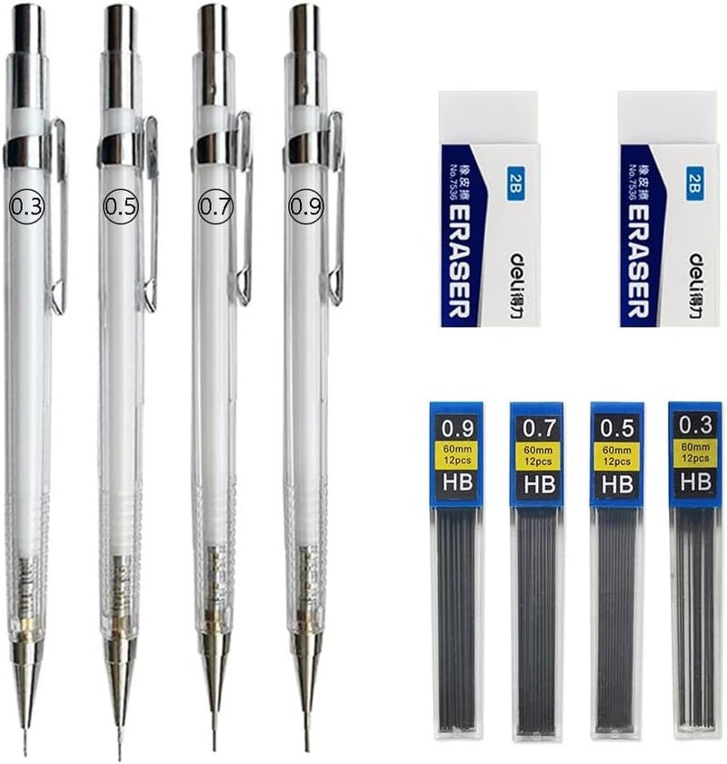 Goodern Mechanical Pencil Set,4 Pcs Transparent Pencils 0.3, 0.5, 0.7, 0.9 Mm With 4 Boxes Of Hb Pencil Lead,2 Pcs Erasers,Automatic Clutch Drafting Sketching Pencil,School Supply For Writing Drawing - Image 1