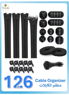 YooA 126pcs Cable Management Organizer Kit | Cord Organizer for Home and Office, Include 2 Self Adhesive Cable Tie Rolls+4pc Cable Sleeves+10pcs reusable wire ties+10pc Cable Clips+100 Cable Fastening Ties, Suitable for power cords/USB cables/TV cables/PC desktop cables  - Image 1