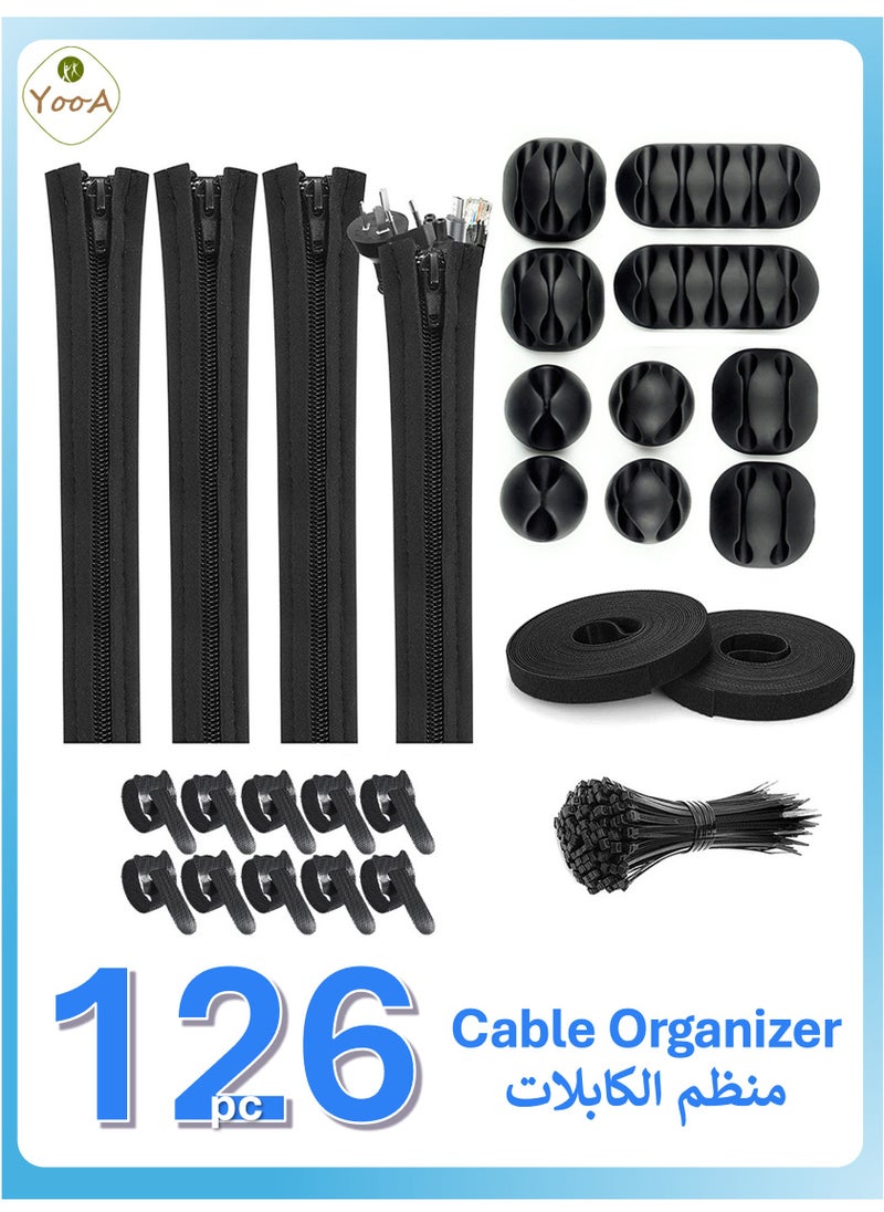 YooA 126pcs Cable Management Organizer Kit | Cord Organizer for Home and Office, Include 2 Self Adhesive Cable Tie Rolls+4pc Cable Sleeves+10pcs reusable wire ties+10pc Cable Clips+100 Cable Fastening Ties, Suitable for power cords/USB cables/TV cables/PC desktop cables  - Image 1
