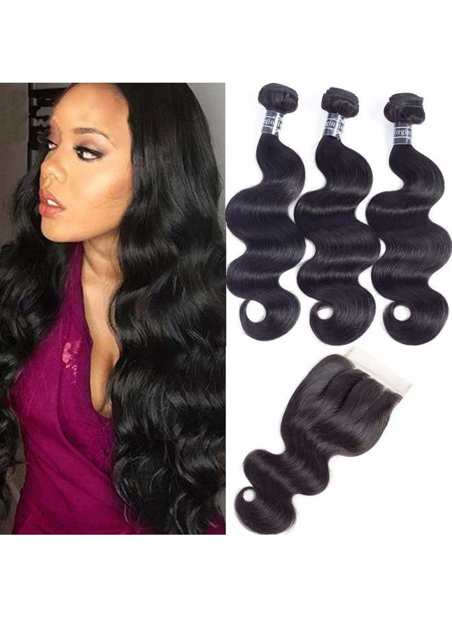 Amella Hair 8A Brazilian Body Wave Human Hair 3 Bundles with Lace Closure (18" 20" 22"+16"Closure,Three Part,Natural Black)100% Unprocessed Brazilian Body Wave Human Hair Weave With Lace Closure - Image 1