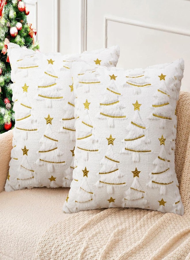 Merrycolor أغطية وسائد شجرة عيد الميلاد البيضاء من ميري كولور 18x18 بوصة مجموعة من قطعتين بتطريز نجمة ذهبية زينة ناعمة من الفرو الصناعي لأغطية وسائد شجرة عيد الميلاد زينة منزلية لعيد الميلاد في فصل الشتاء - Image 2