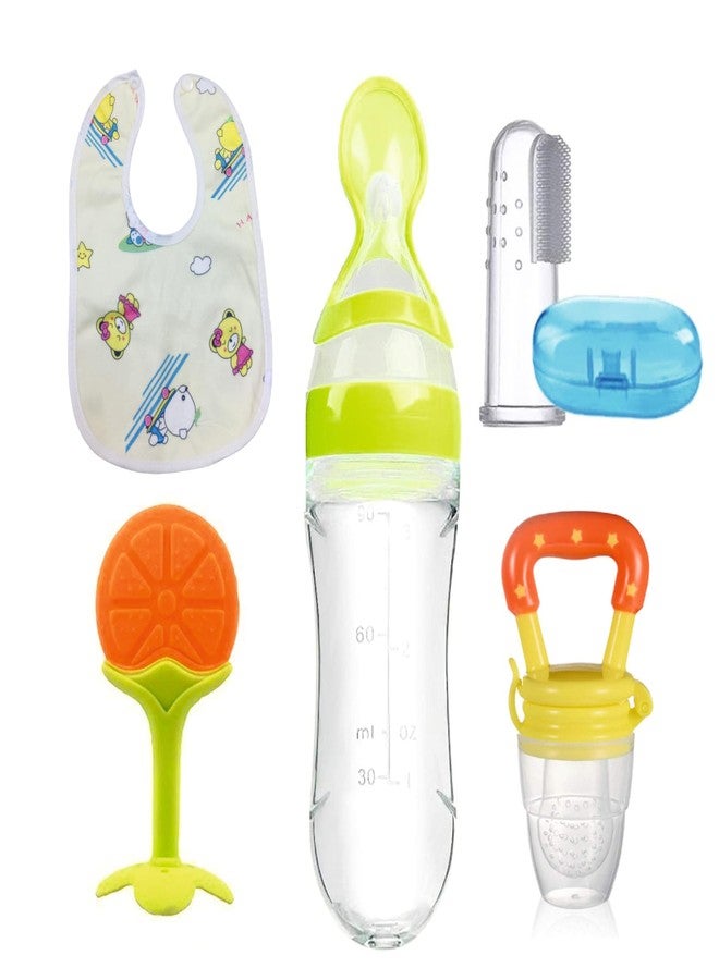 Roforuf Baby Silicone Feeding & Teething Set | Soft BPA-Free Food & Fruit Feeder Pacifier Nibbler, Fruit Shape Teether Toy, Finger Toothbrush, Squeezy Feeder Spoon Bottle (90ml) & Waterproof Bibs for 3-12 Months Infants (Pack of 5 Green) - Image 1