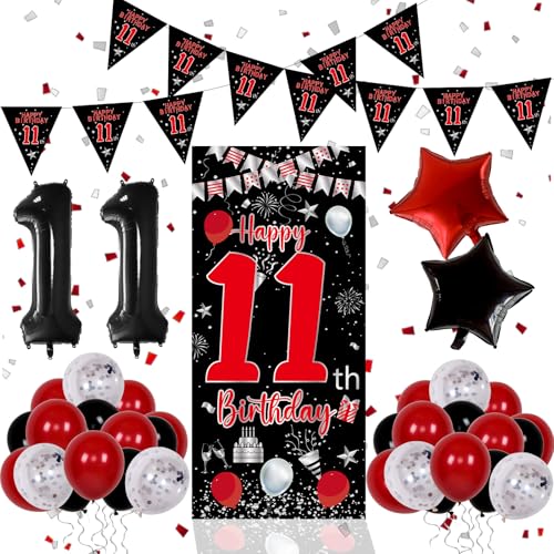 Pounira 11th Birthday Decorations for Boys Girls Happy 11th Birthday Decorations Boy Red Black 11 Year Old Birthday Door Banner Triangle Flag Large Number 11 Balloons Bday Party Decor for 11 birthday - Image 1