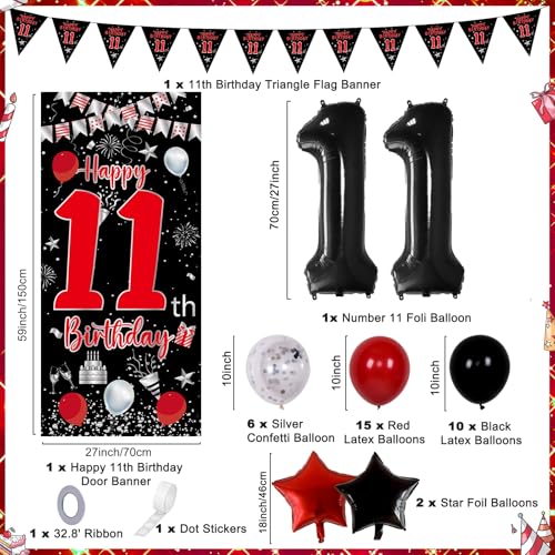 Pounira 11th Birthday Decorations for Boys Girls Happy 11th Birthday Decorations Boy Red Black 11 Year Old Birthday Door Banner Triangle Flag Large Number 11 Balloons Bday Party Decor for 11 birthday - Image 5